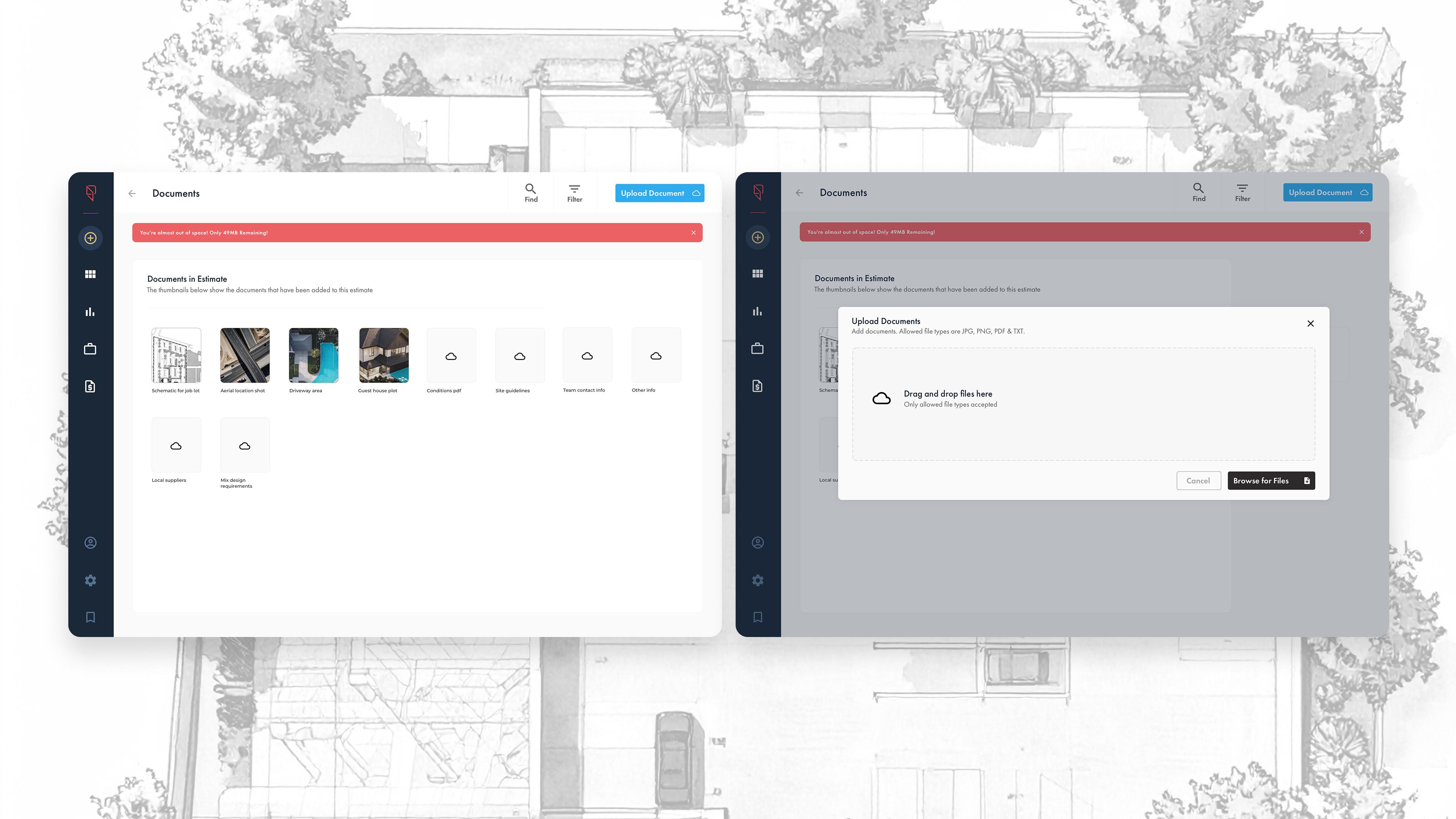 Documents view for uploading assets