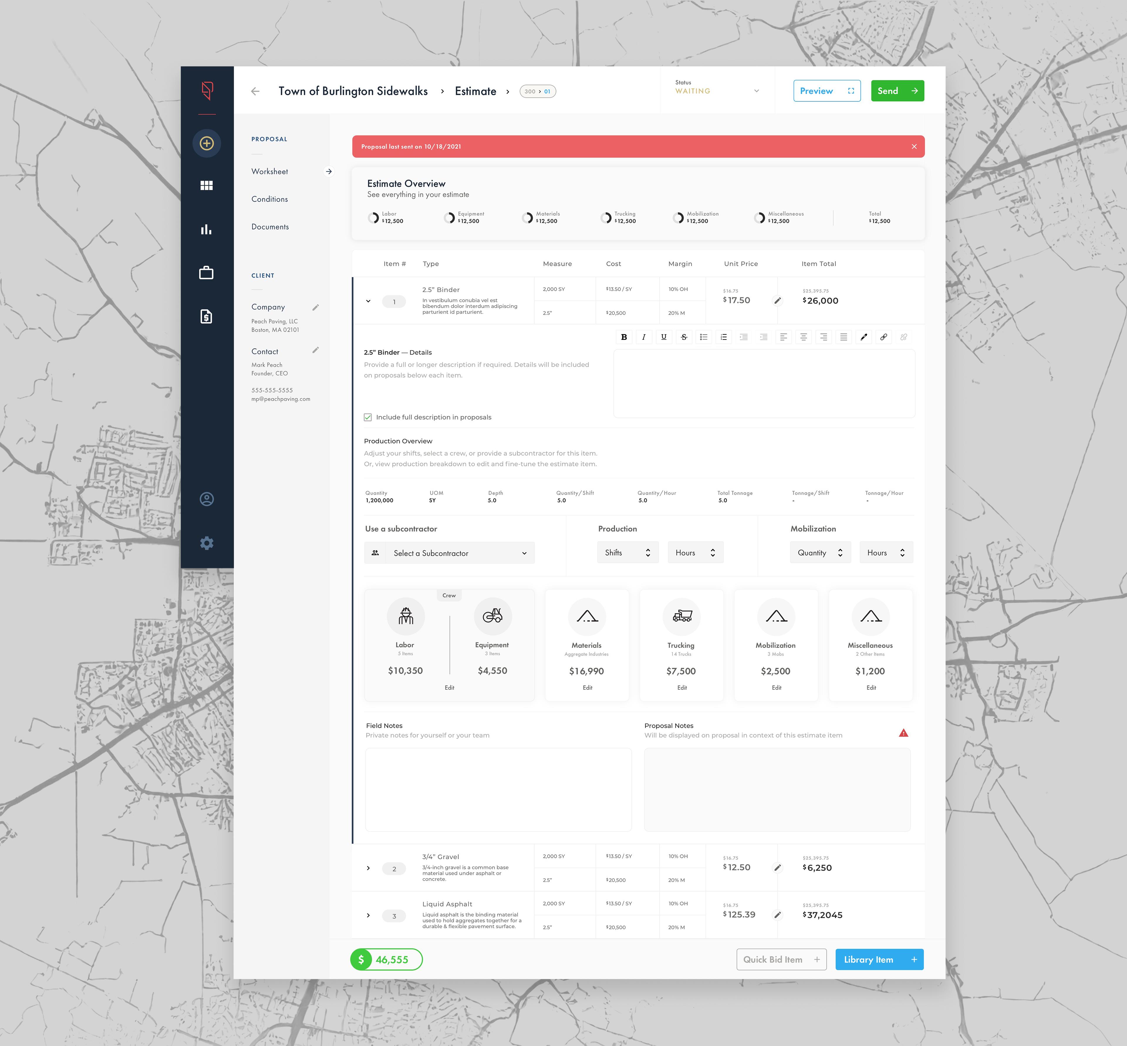 Estimate worksheet view with expanded row