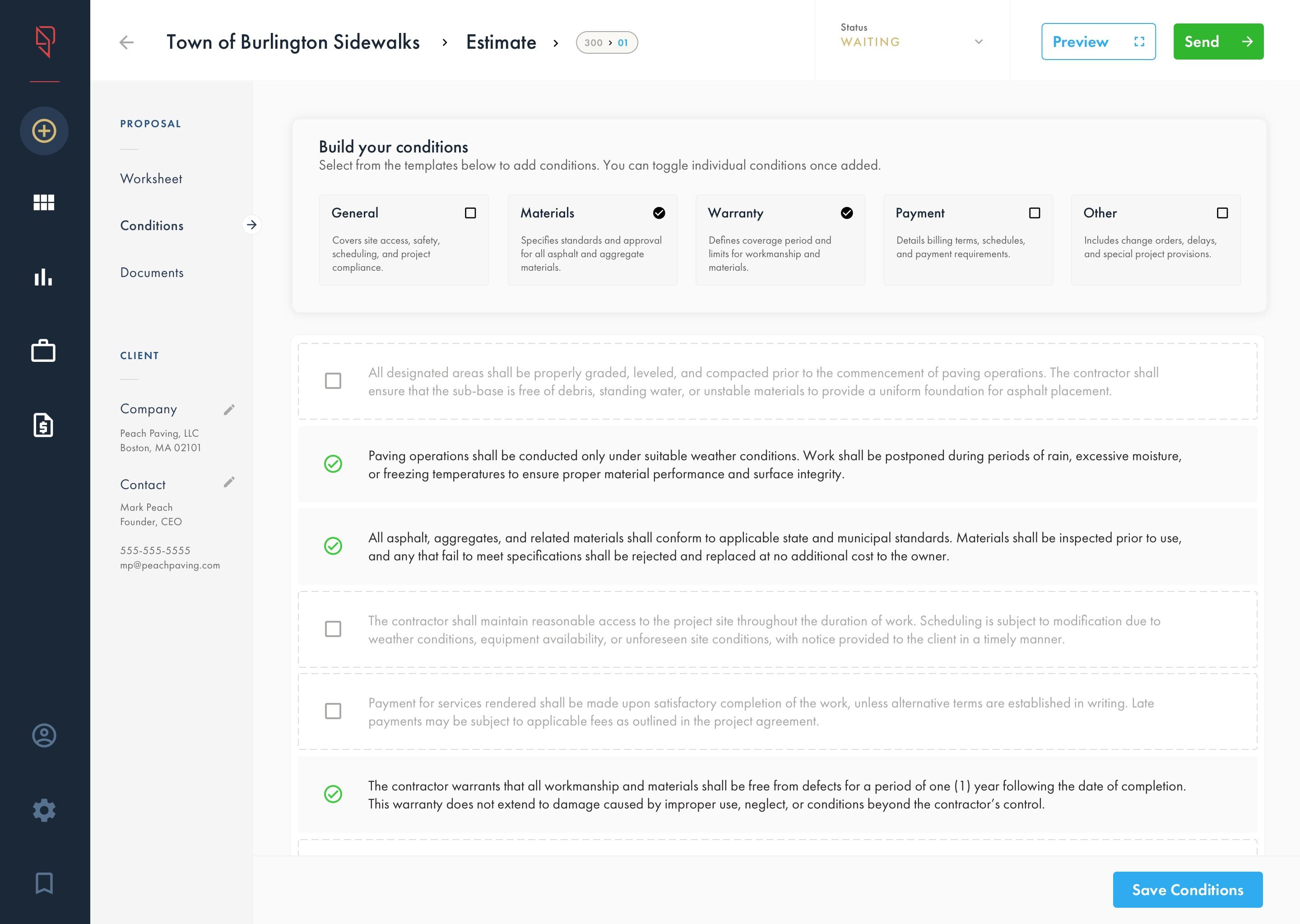 Estimate worksheet view with conditions