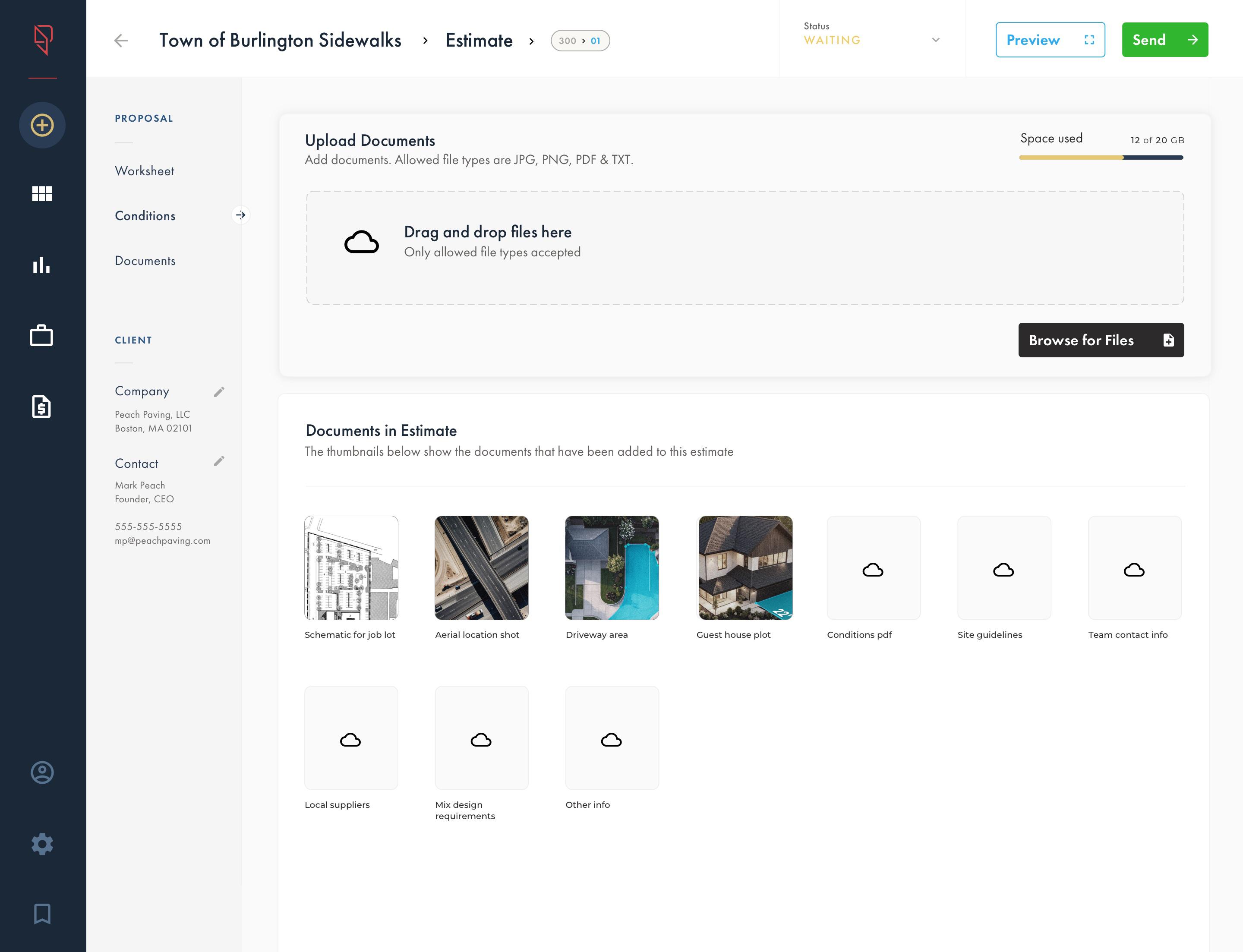 Estimate worksheet view with document upload