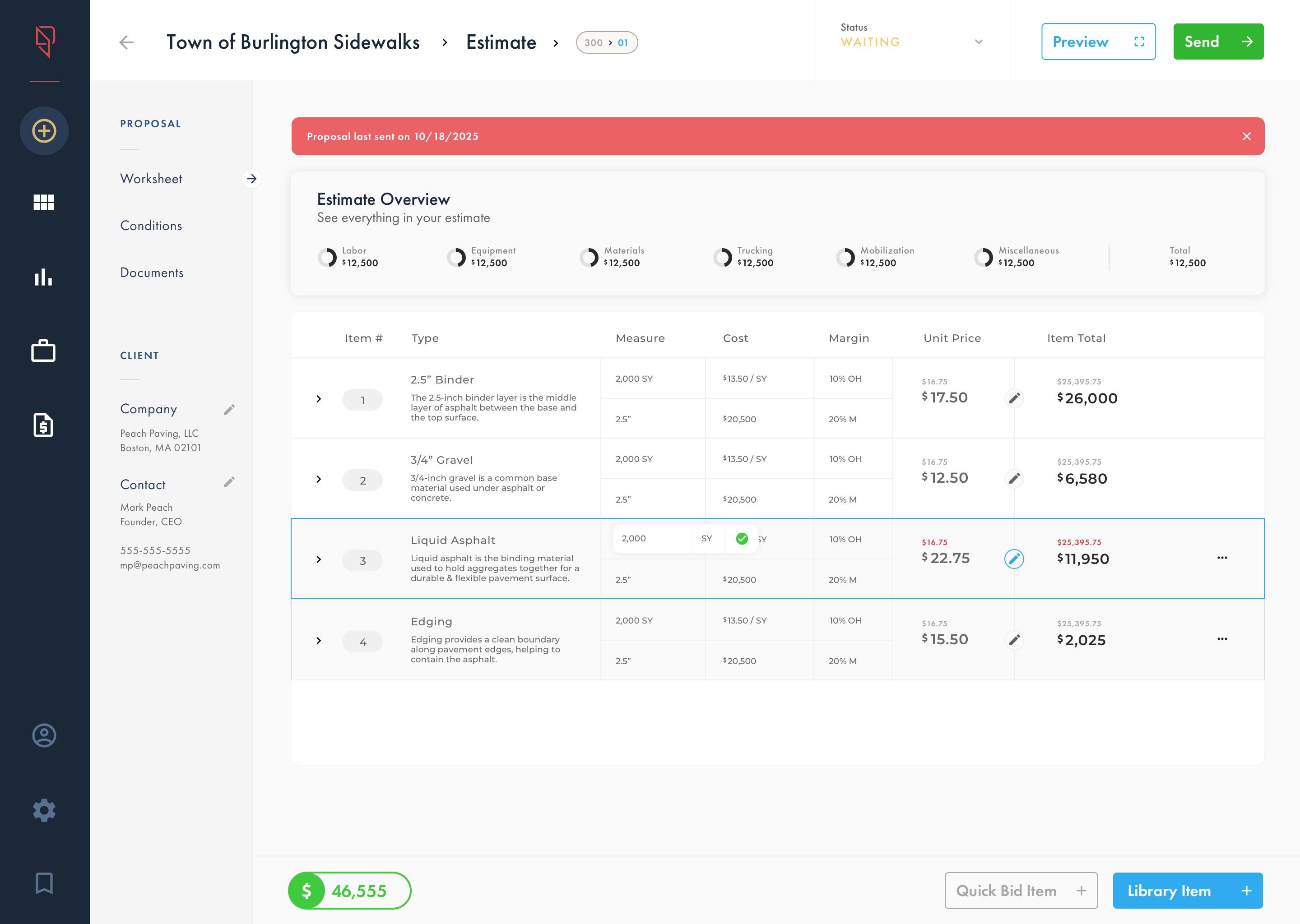 Estimate worksheet view