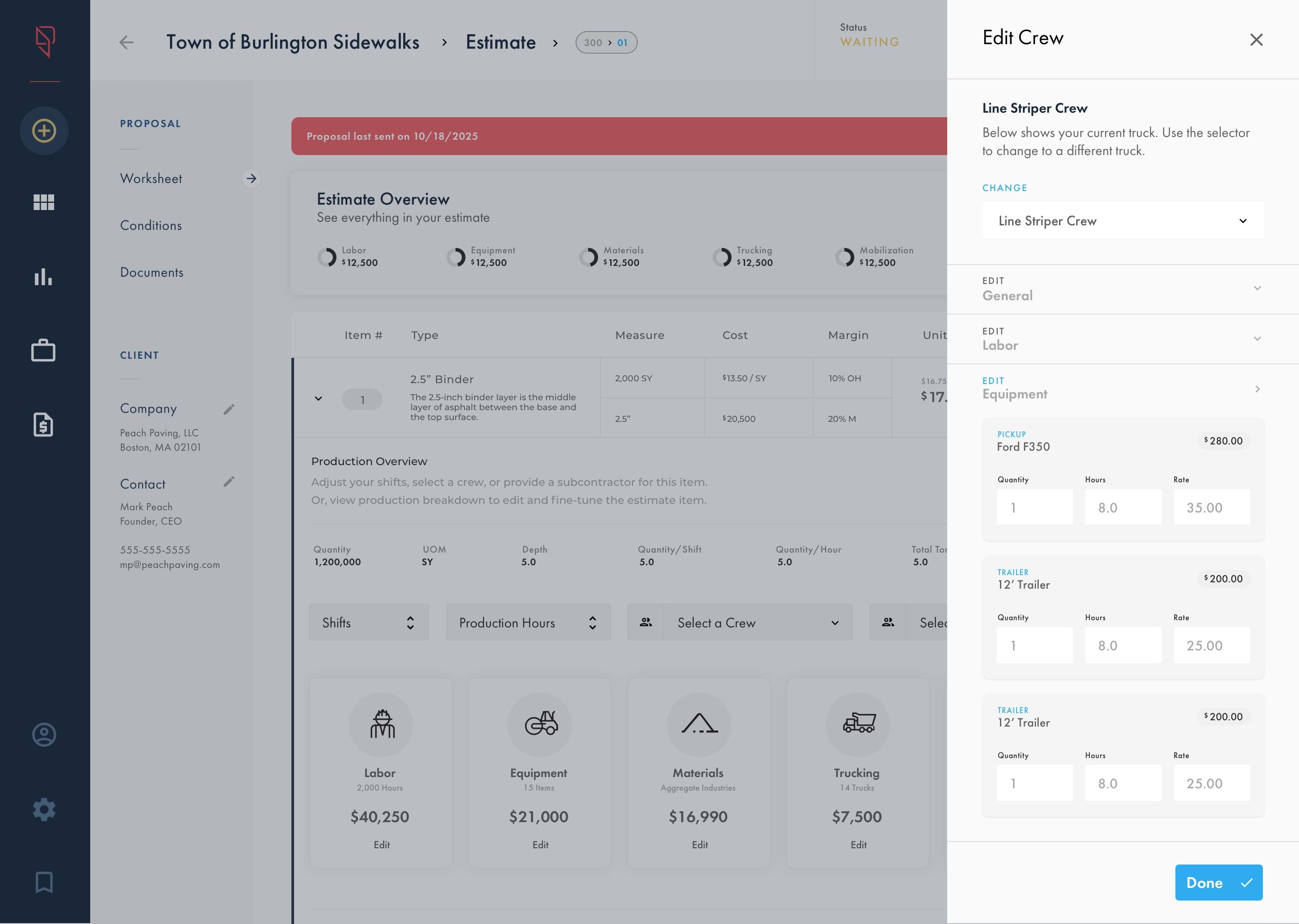 Estimate worksheet view with expanded crew