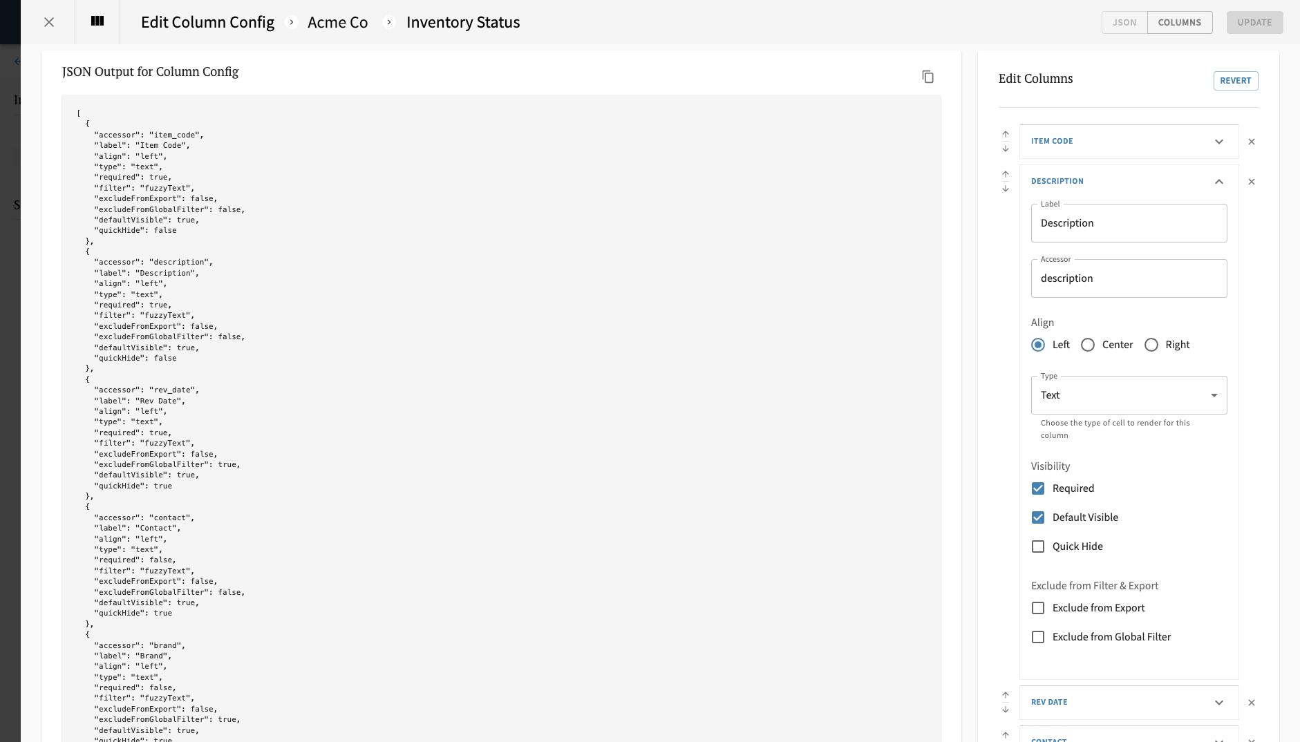 Customizing a column config with JSON preview