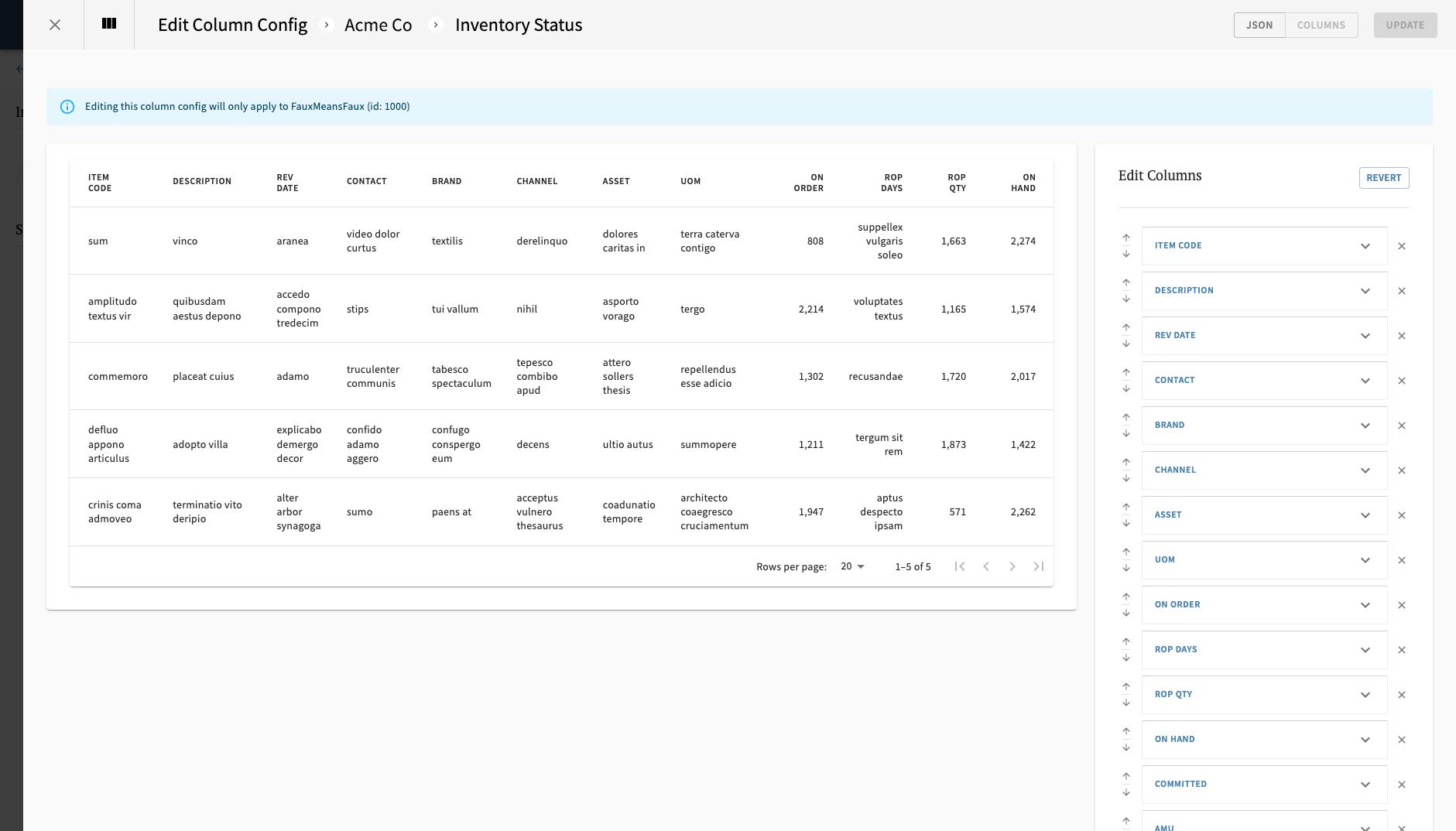 Customizing a column config with Table preview and mock data