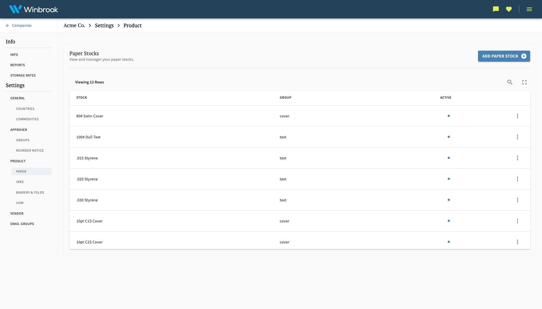 Settings View - Managing Paper Stocks