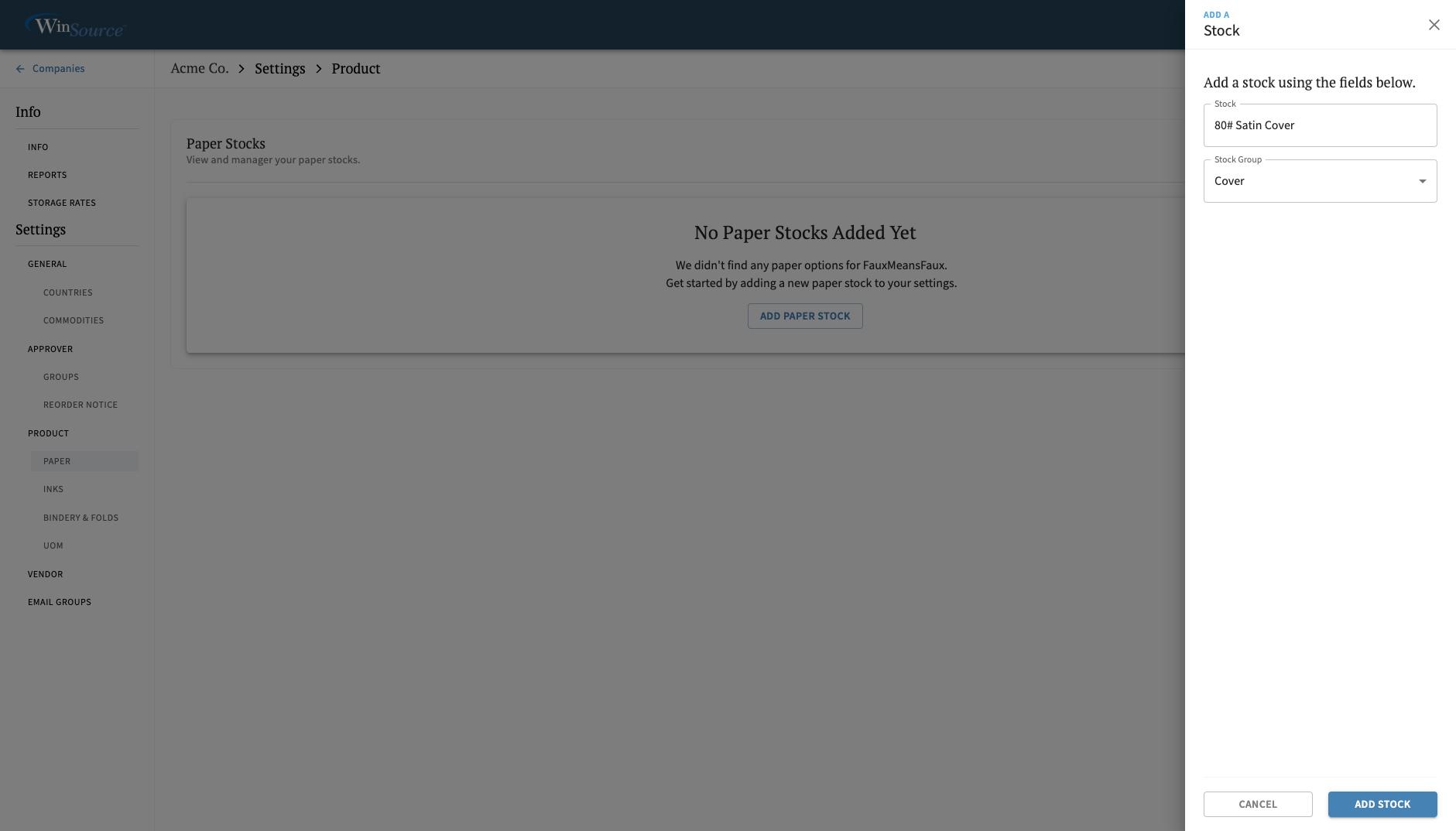 Settings View - Adding a Paper Stock