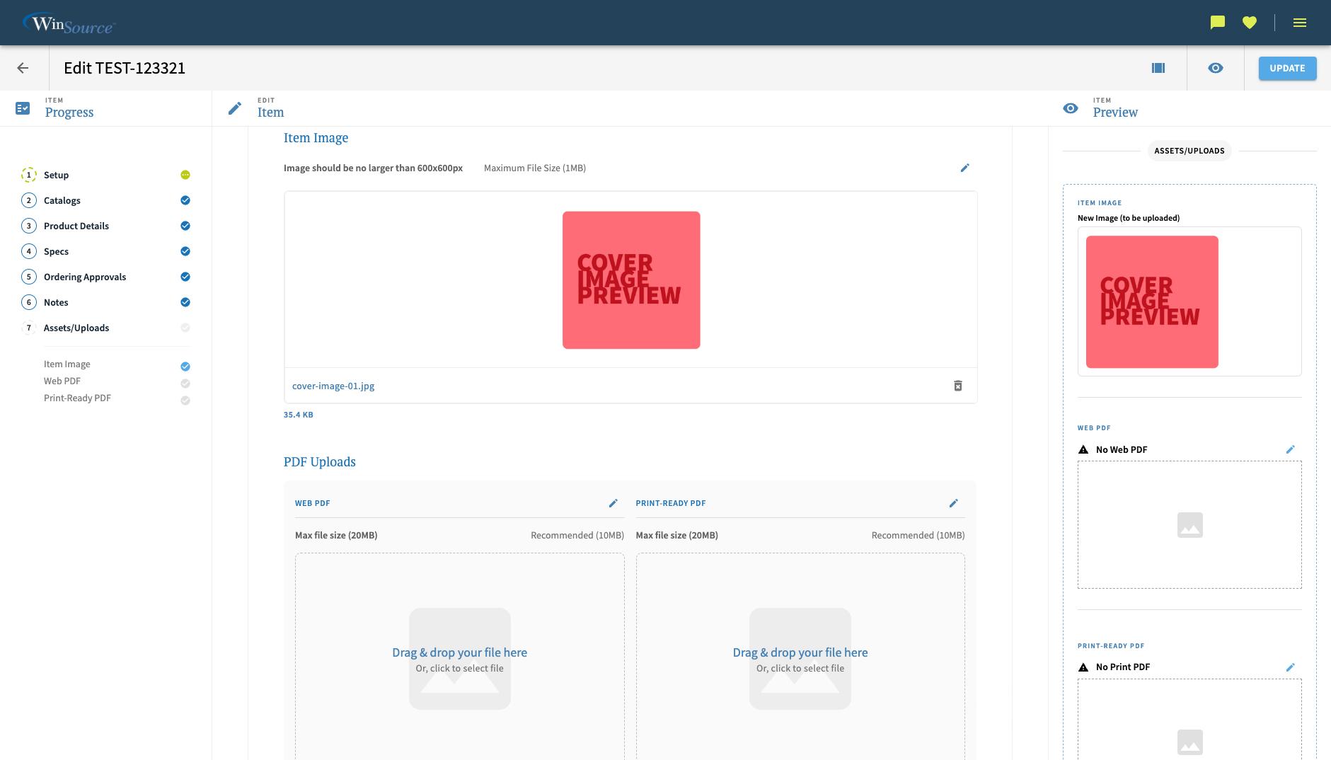 Item with upload image data and previews