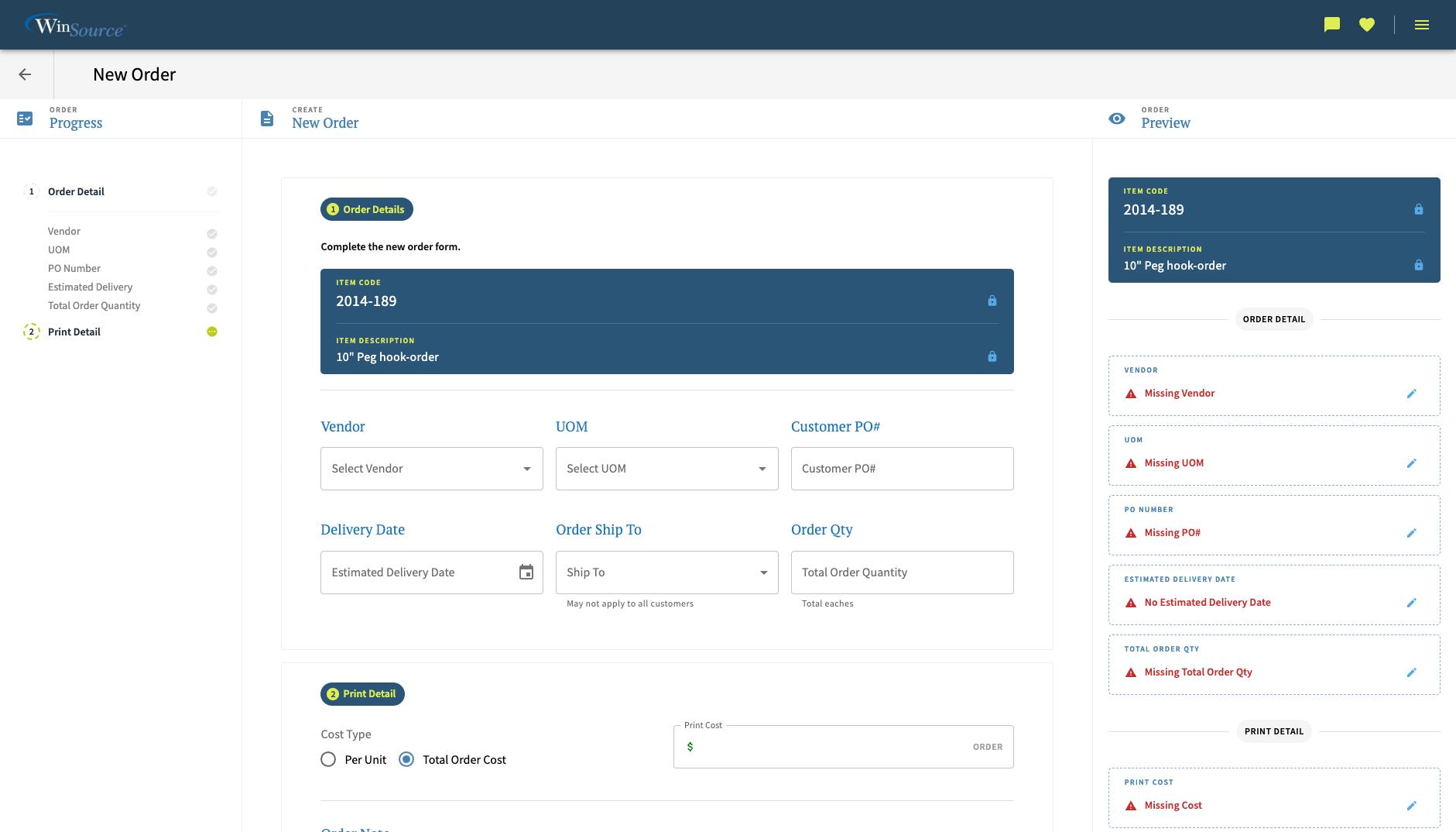 Order create form with error feedback