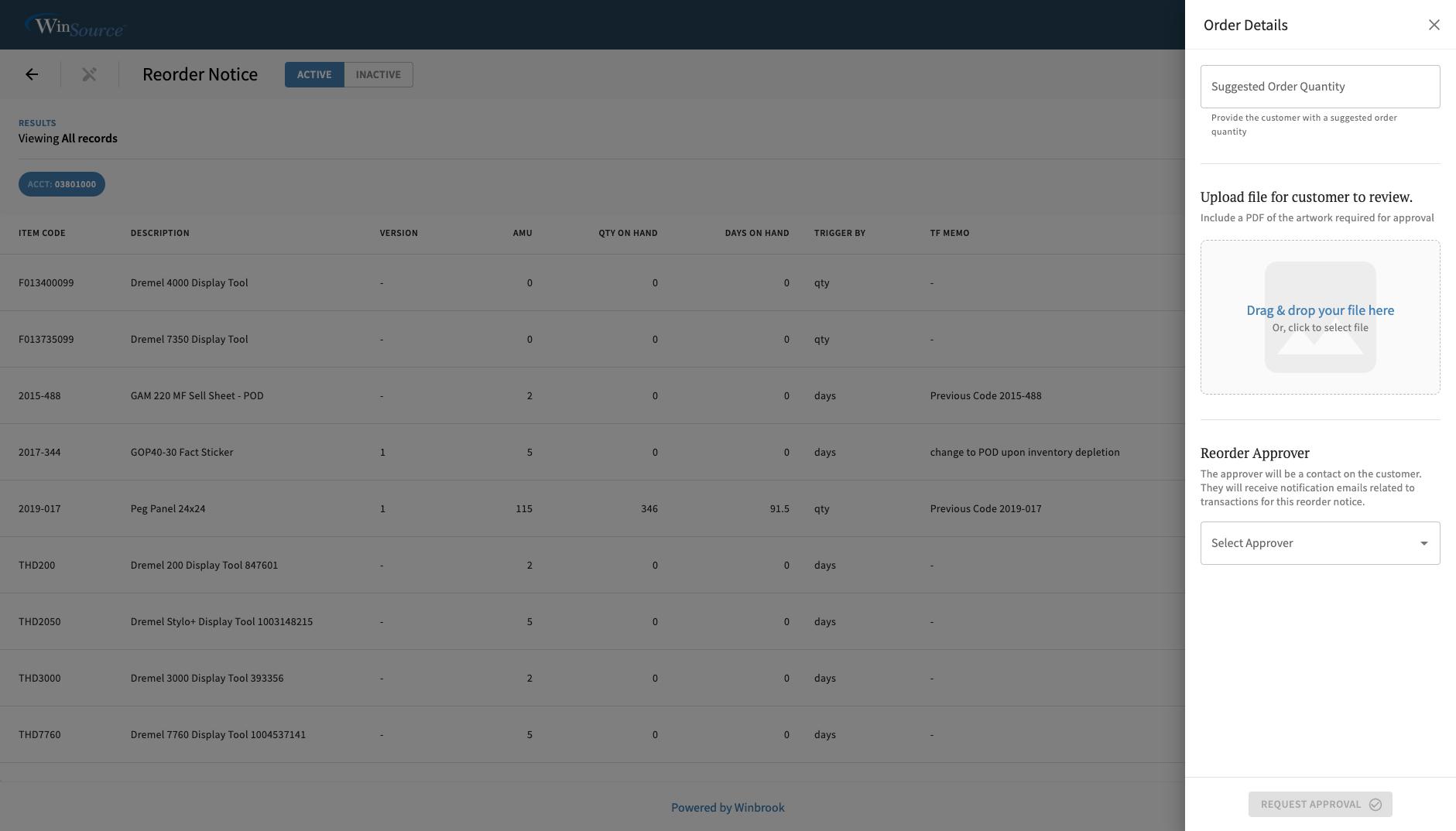 Sidebar for order details and approval request